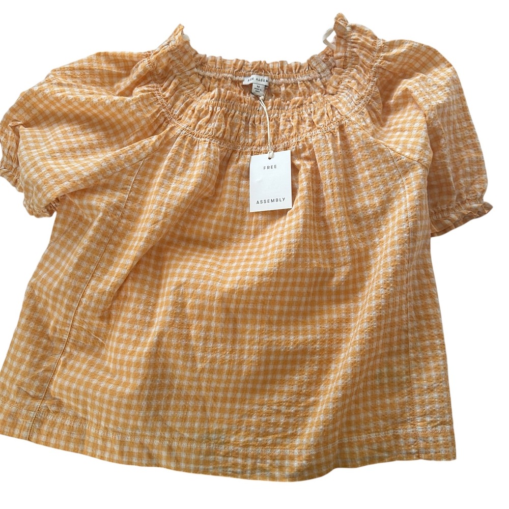 Free Assembly Blouse Womens M Orange Gingham Smocked Puff Sleeve Cottagecore
